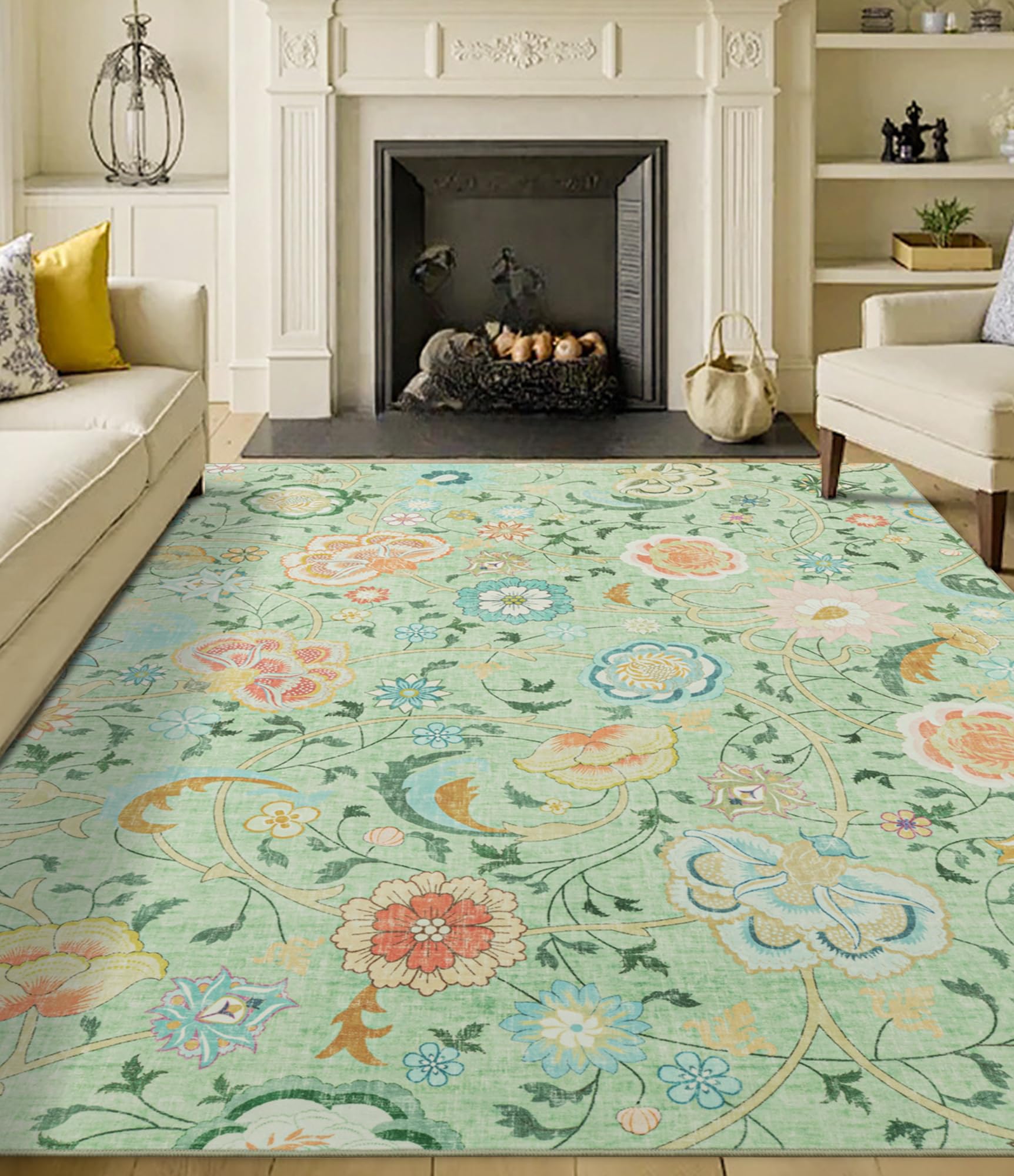 Photo 1 of YIHOUSE Area Rugs 8x10 Rug for Living Room,Floral Washable Rugs Boho Light Green Rugs for Bedroom, Low Pile Vintage Rug for Kids Room Non Slip Flower Rug Dining Room