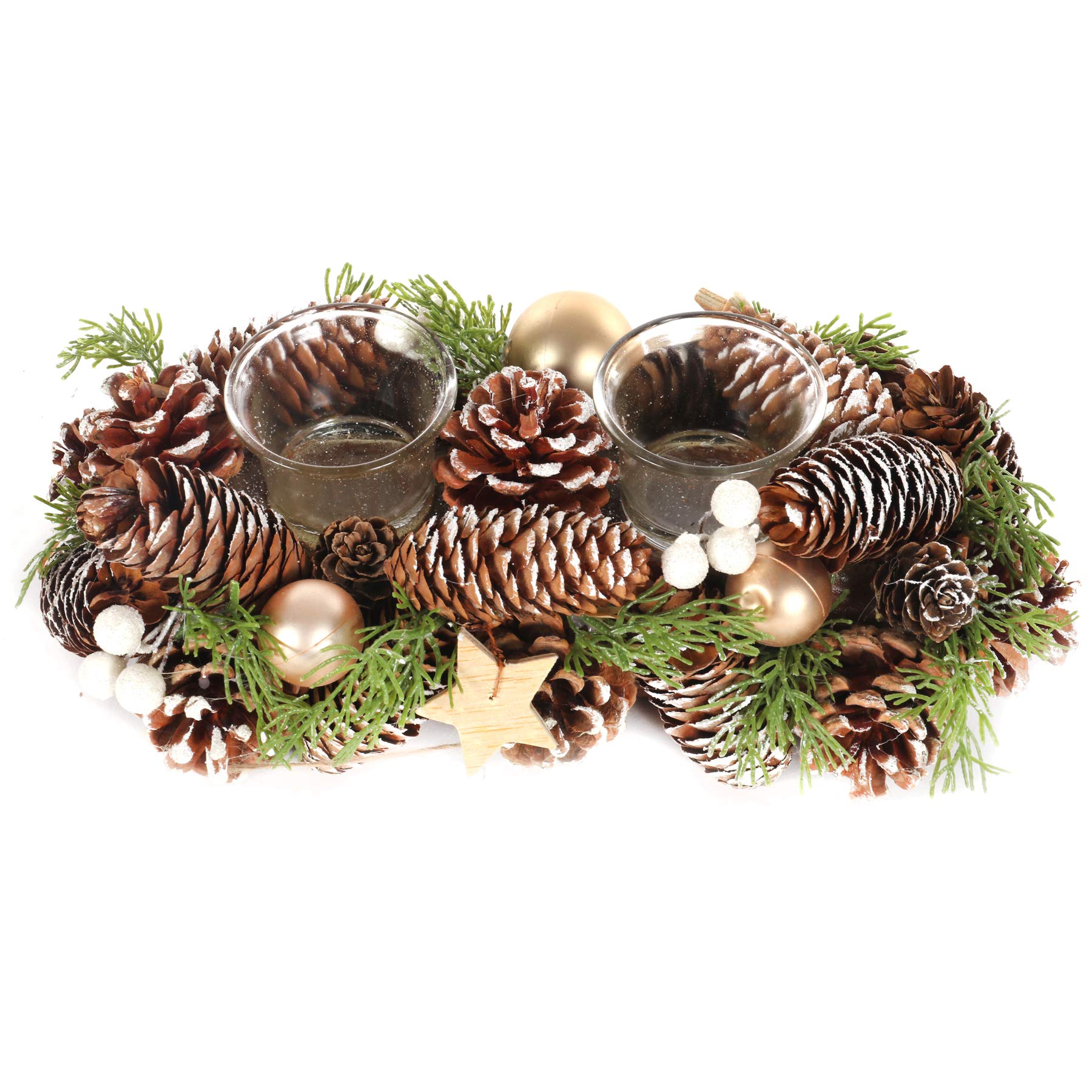 Jingles Christmas Table Centrepiece Pine Cone Dressed 2 Glass Jar Candle Holder