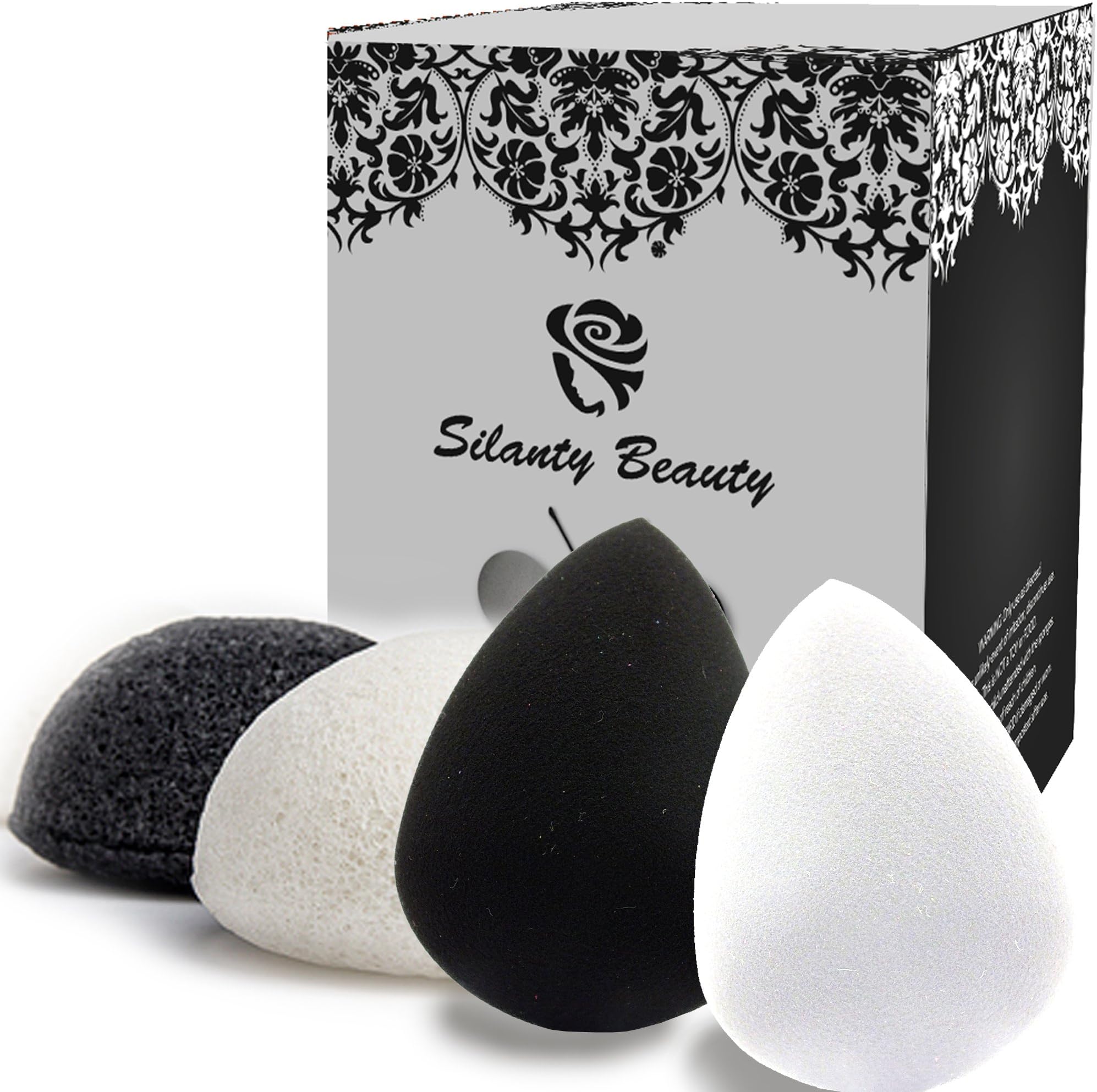 Silanty 4in1 Beauty Blender and Konjac Sponge Set (4in1, Black&White)