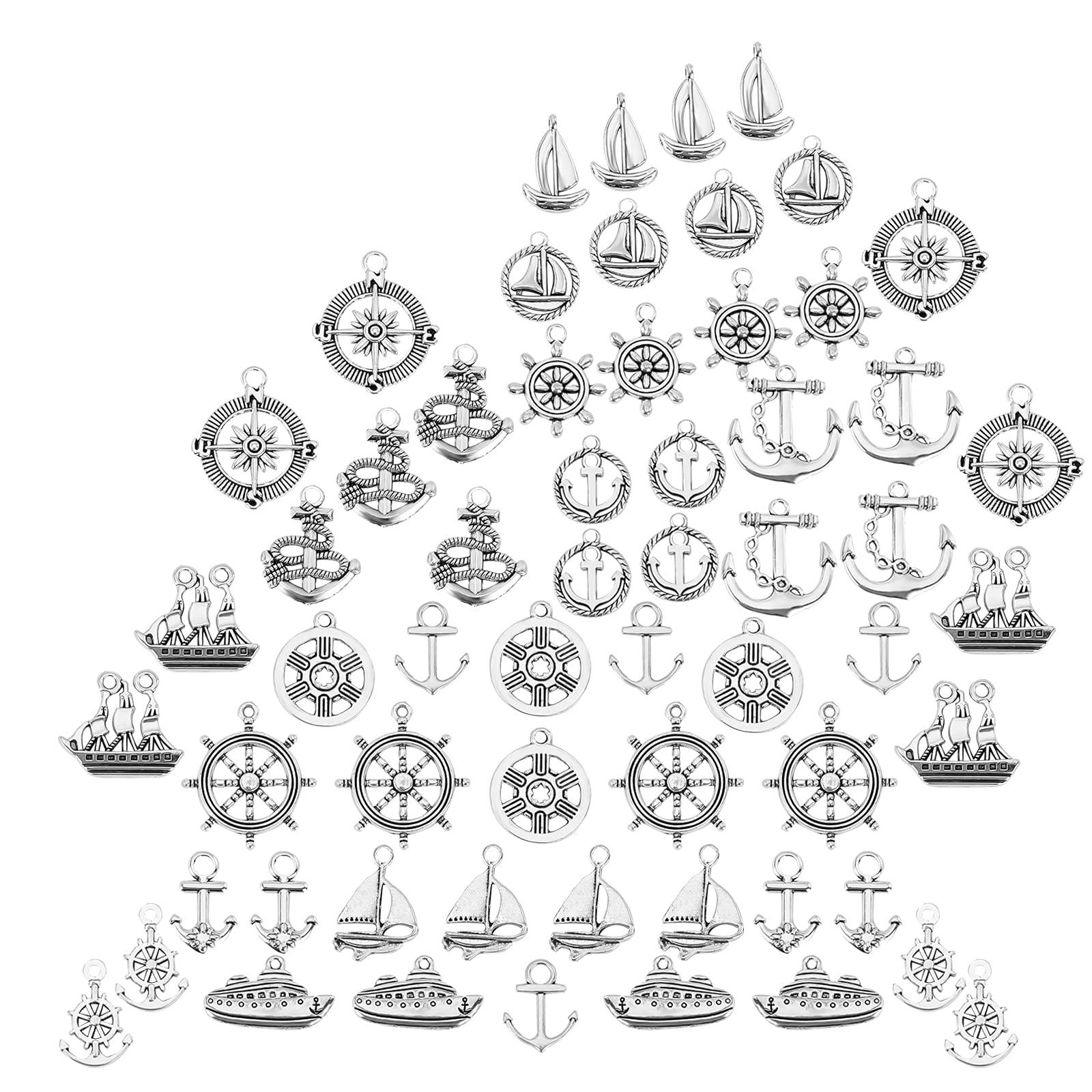 SUNNYCLUE 1 Box 60Pcs 15 Styles Anchor Charms Tibetan Style Alloy Helm Ship Flat Round Boat Vehicle Wheel Shape Ocean Sailing Theme Pendants for Making Crafts Supplies, Antique Silver