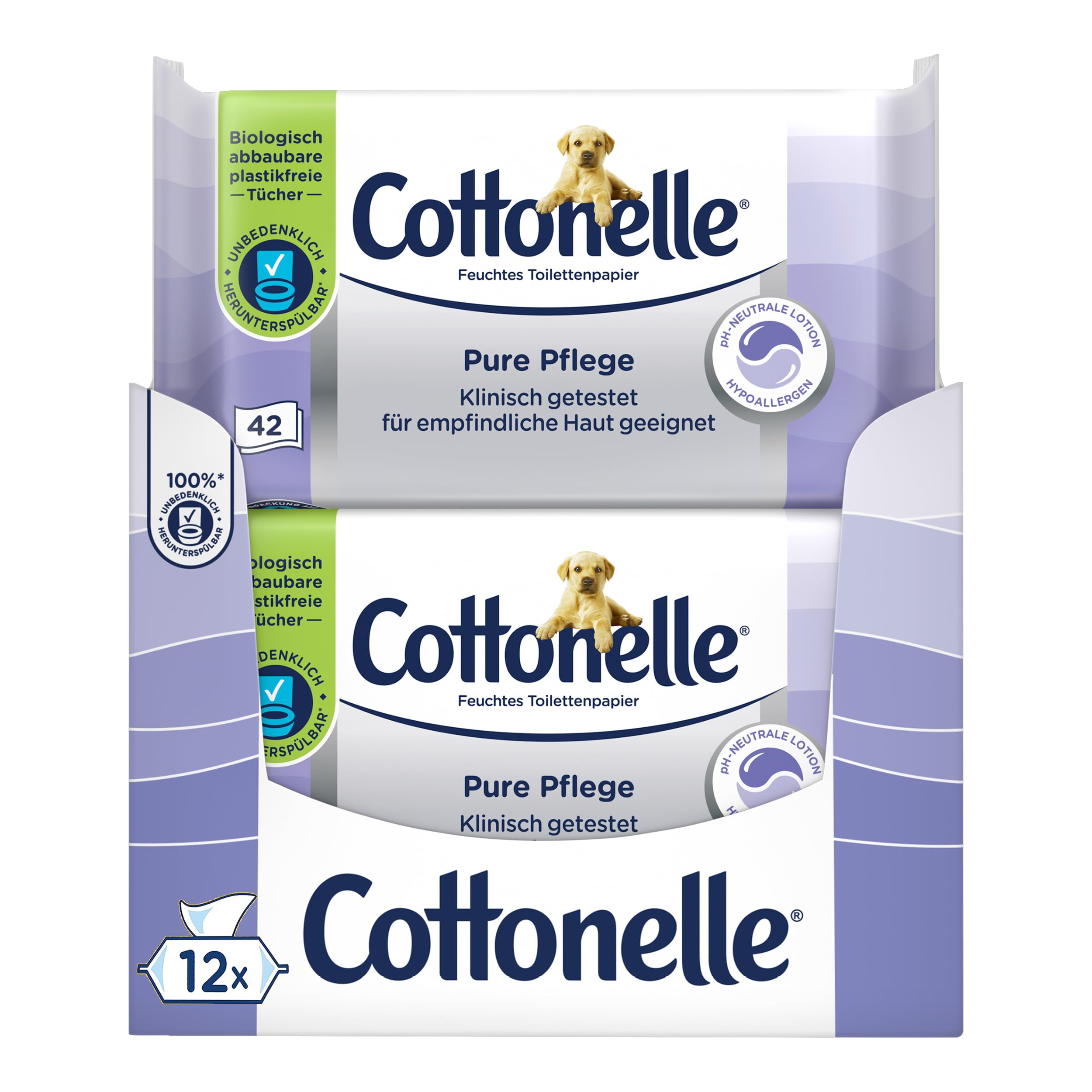 Cottonelle Feuchtes Toilettenpapier Pure Pflege, ultra-sensitive, 99% Wasser, 12 x 42 Tücher, parfümfrei & hypoallergen