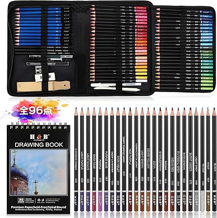 Amazon 色鉛筆 スケッチ鉛筆 72色 96点セット 絵かき セット 油性色鉛筆 擦筆さっぴつ 木炭鉛筆 消しゴム 収納ケース付き 落書き 手帳 塗り絵 子供や大人も適用な絵具 色鉛筆 文房具 オフィス用品