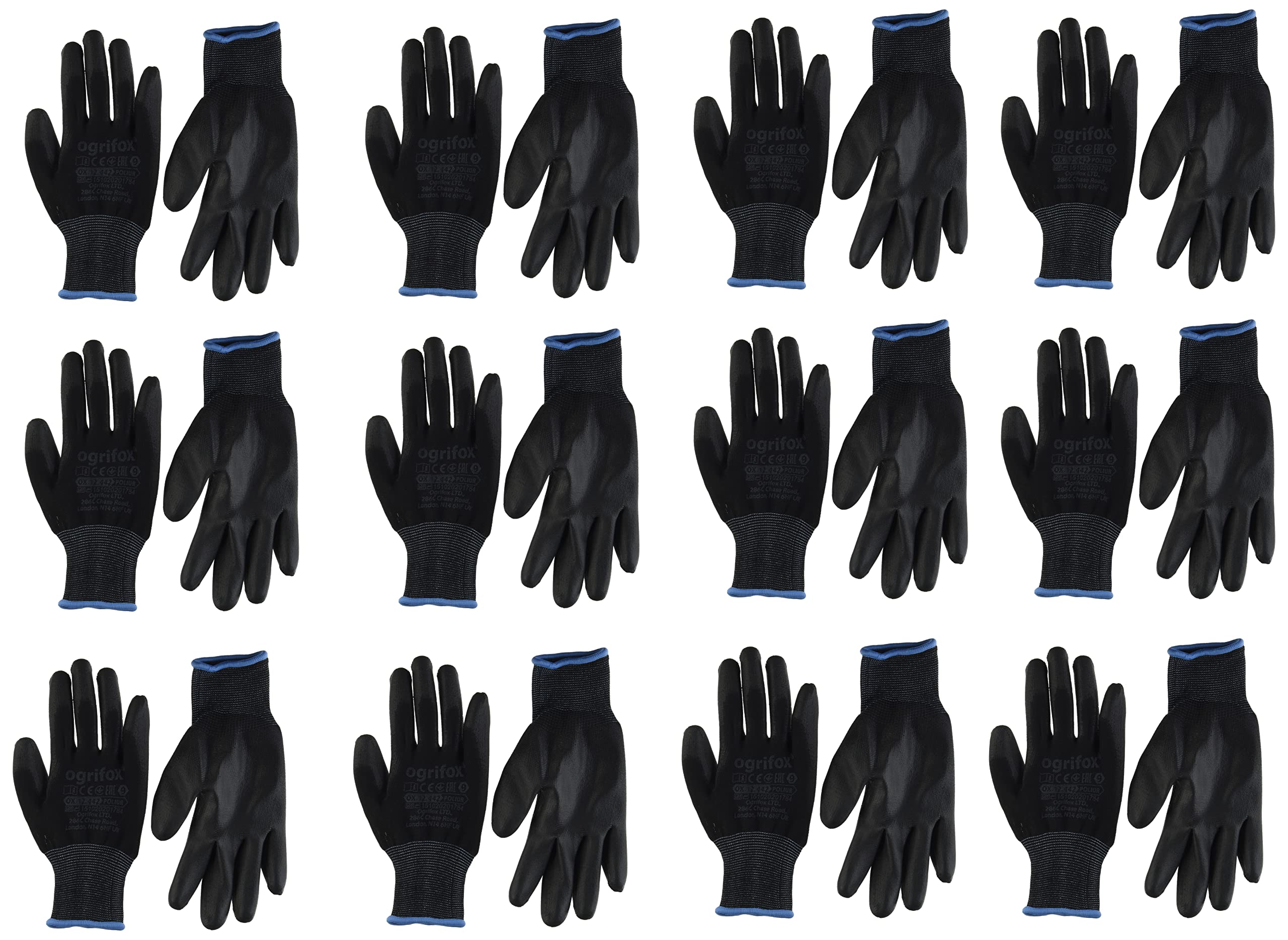 Ogrifox 12.24 PAIRS BLACK NYLON PU COVERED WORK GLOVES FOR GARDENING WORKSite & Mechanics by AJS workwear LTD.