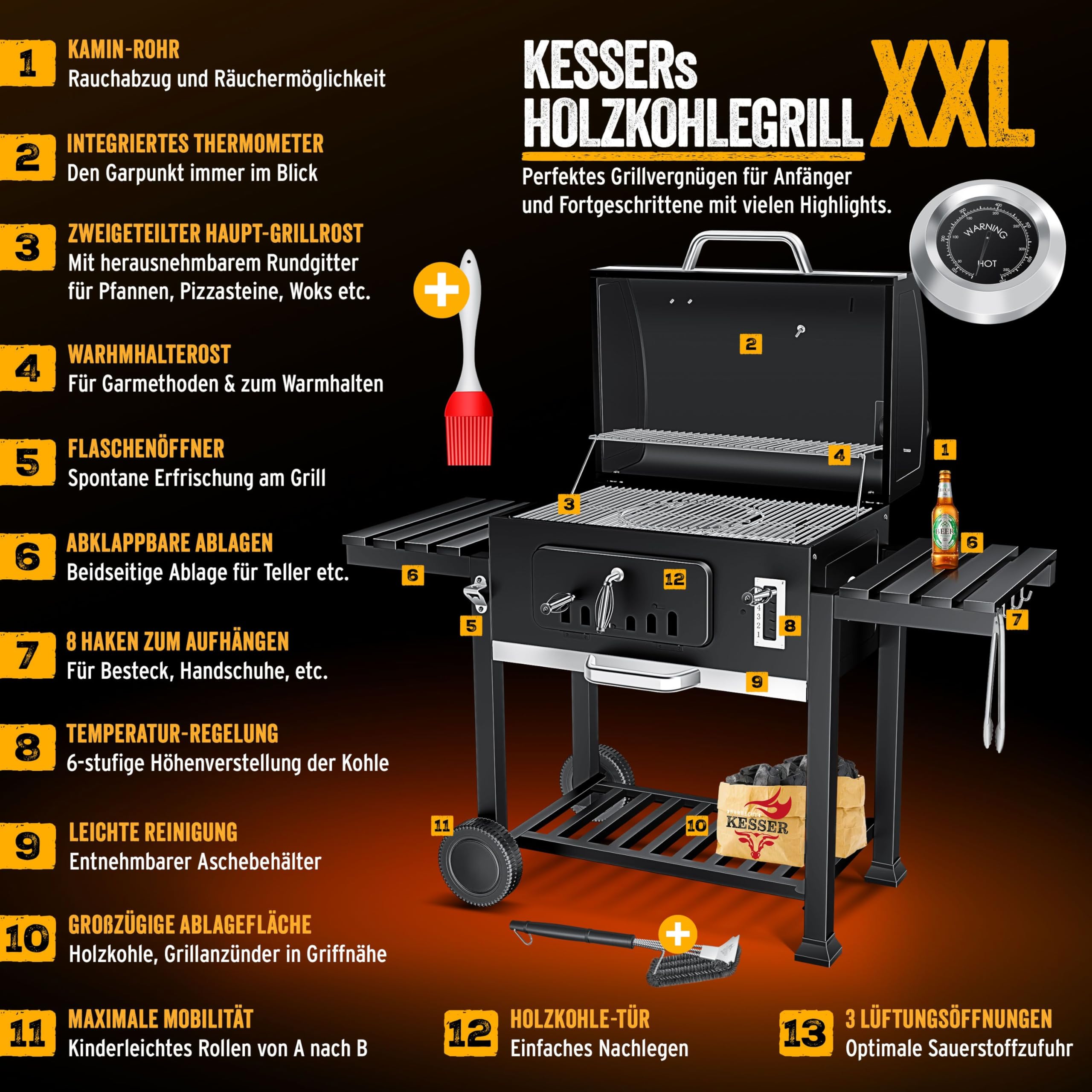KESSER® Grillwagen BBQ Smoker XXL Holzkohlegrill mit Deckel, Rädern, Edelstahl-Griff, Thermometer, Grillrost, Bürste, Abdeckhaube & Silikon-Pinsel, Standgrill, Kohlegrillwagen 3