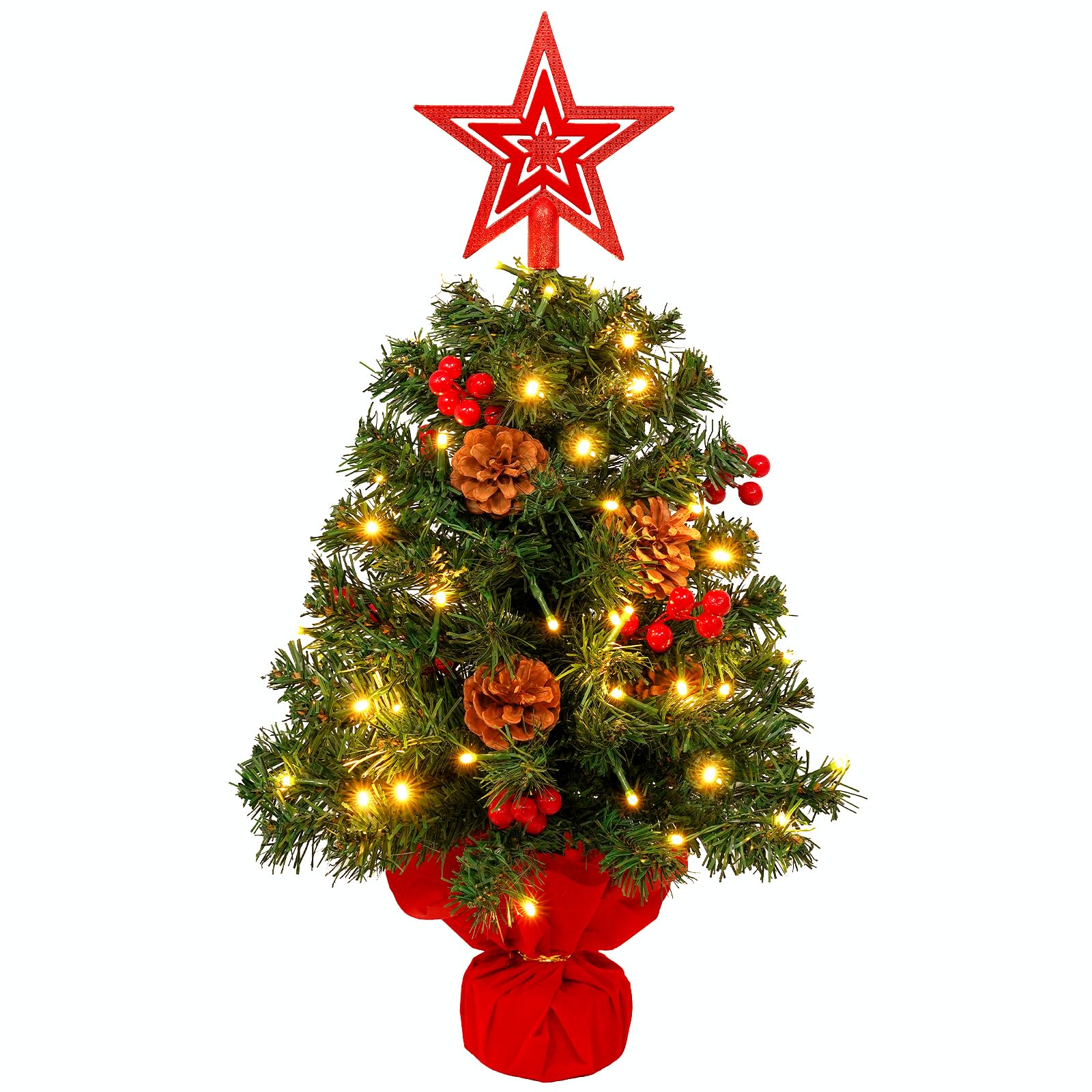AGM Small Christmas Tree with lights 2ft, 60cm Tabletop Mini Christmas Tree with Tree Topper Star Red Berries and Pine Cones, for Christmas Home Kitchen Dining Table Decor