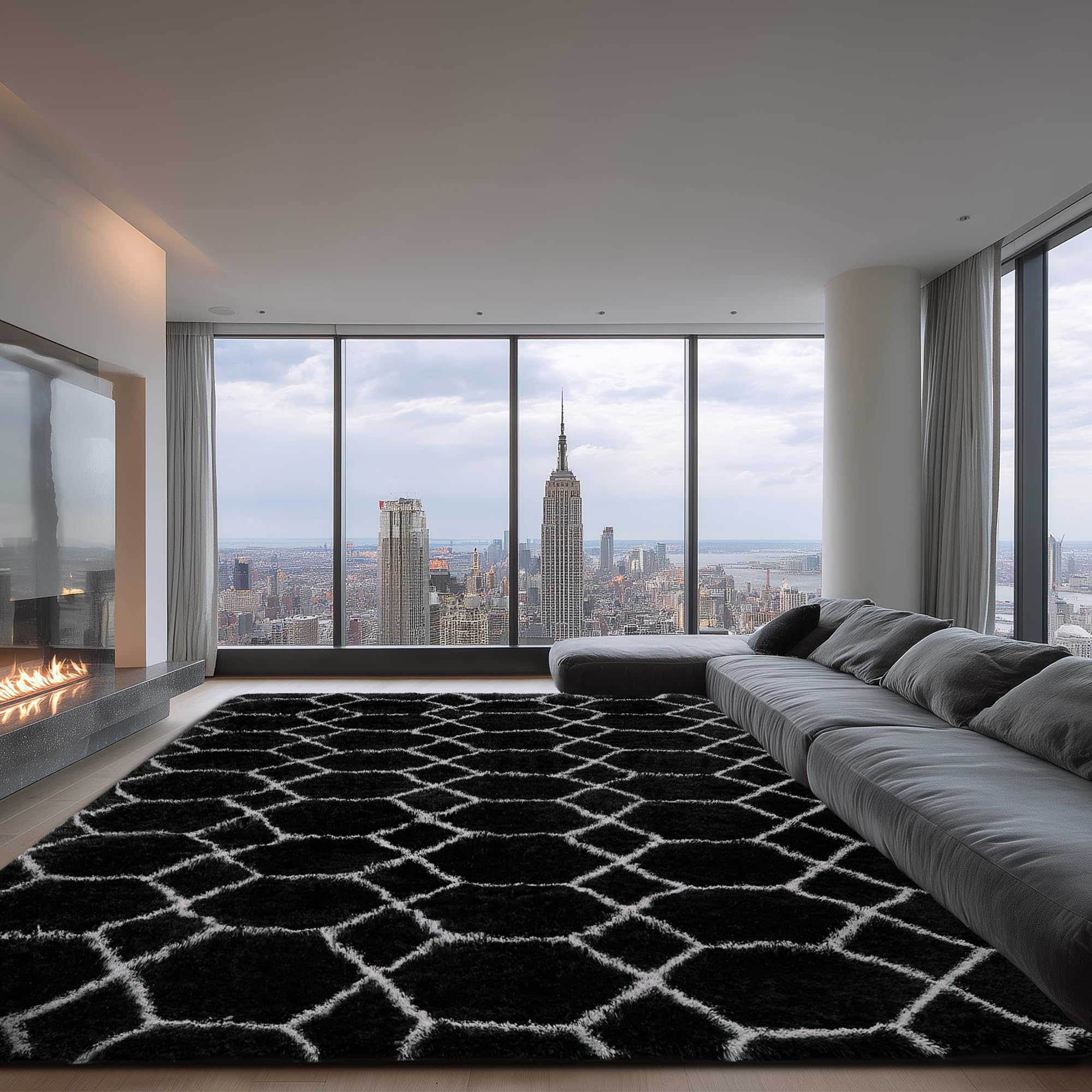 Photo 1 of ARKIIKI Large Rugs for Living Room, 8x10 Fluffy Black and White Bedroom Area Rug, Shag Geometric Soft Fuzzy Carpets Big Kids Room Rug, Non-Slip Plush Modern Rug for Office Home Decor Aesthetic