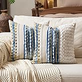 Aeckself Boho Chenille Tufted Throw Pillow Covers 18x18 Inch Set of 2, Farmhouse Decorative Striped Square Pillow Covers Accent Neutral Pillowcase for Living Room Couch Bed, Blue