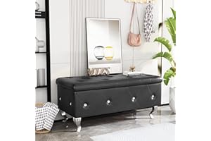 DKLGG Storage Ottoman Bench for Bedroom, PU Leather Ottoman with Storage Upholstered Footstool with Button-Tufted & Safety Hinge, Luxury Shoe Bench End of Bed Bench for Bedroom, Living Room, Entryway