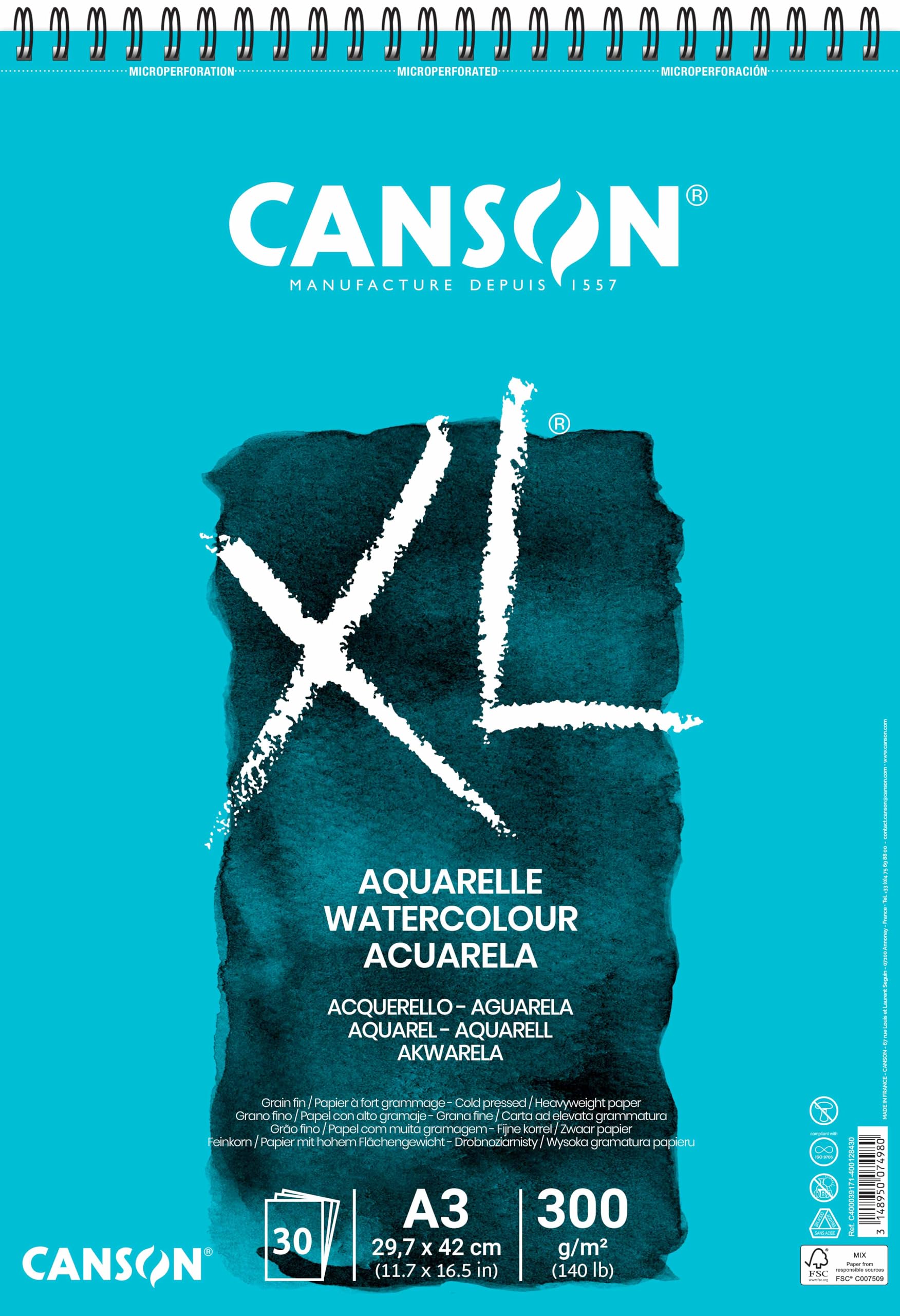 CANSON XL Watercolour 300gsm A3 Paper, Cold Pressed, Spiral Pad Short Side, 30 White Sheets, For Professional Artists
