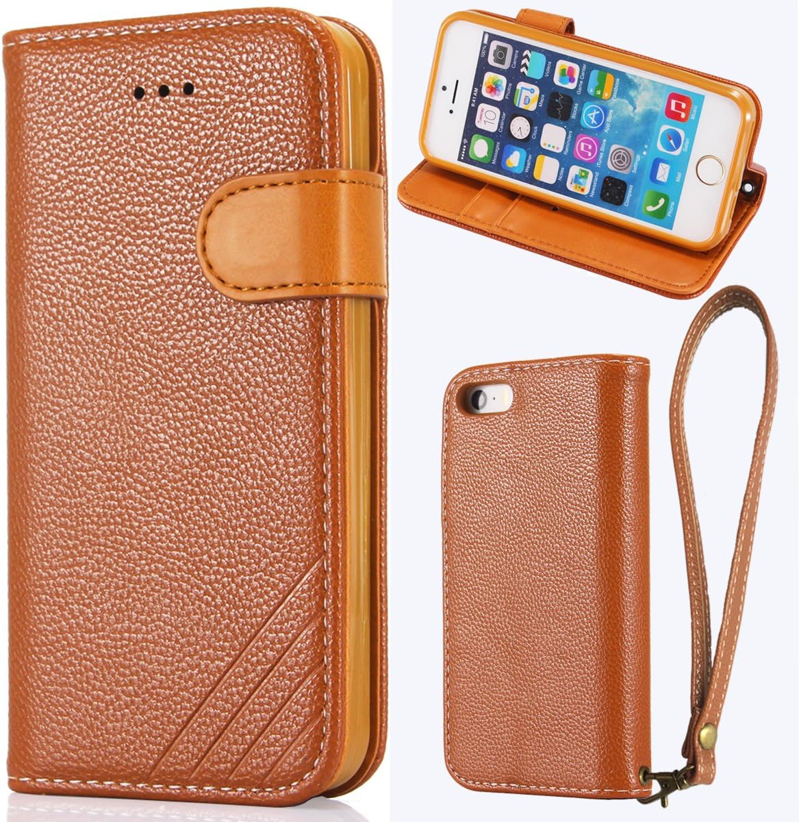 LANOU iPhone 5 Case, iPhone 5S Case, iPhone SE Leather Case Flip Cover with Stand Protection Case for iPhone 5 / 5S / SE (Brown)