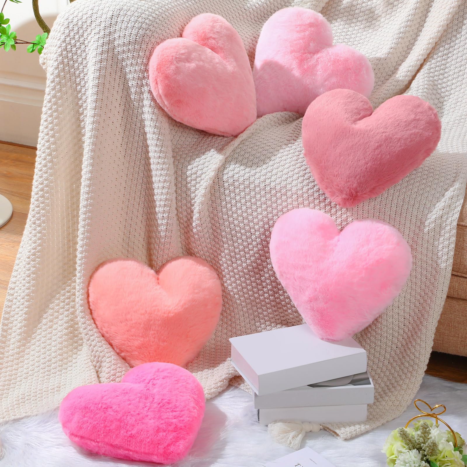 Photo 1 of Liliful 6 Pcs Faux Rabbit Fur Heart Pillows Helloween Fluffy Heart Throw Pillows Christmas Cute Couch Cushion Soft Decorative Throw Cushion for Bed Sofa Girls Women(12 x 11 Inch,Pink Series)