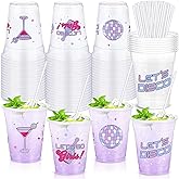 Sliner 50 Pcs Disco Party Plastic Cups with Straws 12 oz Pink Disco Cups Let's Go Girls Clear Glasses Pink Theme Party Favors for Kitchen Girls Birthday Baby Shower Supplies Decoration