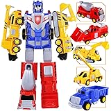 SNAEN 5-in-1 Construction Vehicles Transform into Robot Action Figures, Assemble into Giant Pull-Back Truck, for Kids, Boys &