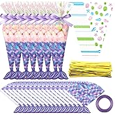 Yexiya 25 Pack Mermaid Birthday Party Favor Bags Triangle Cellophane Candy Treat Goody Gift Bag with 25 Mermaid Tail Cards 50 Pcs Twist Ties and 1 Roll of Purple Ribbon for Birthday Party
