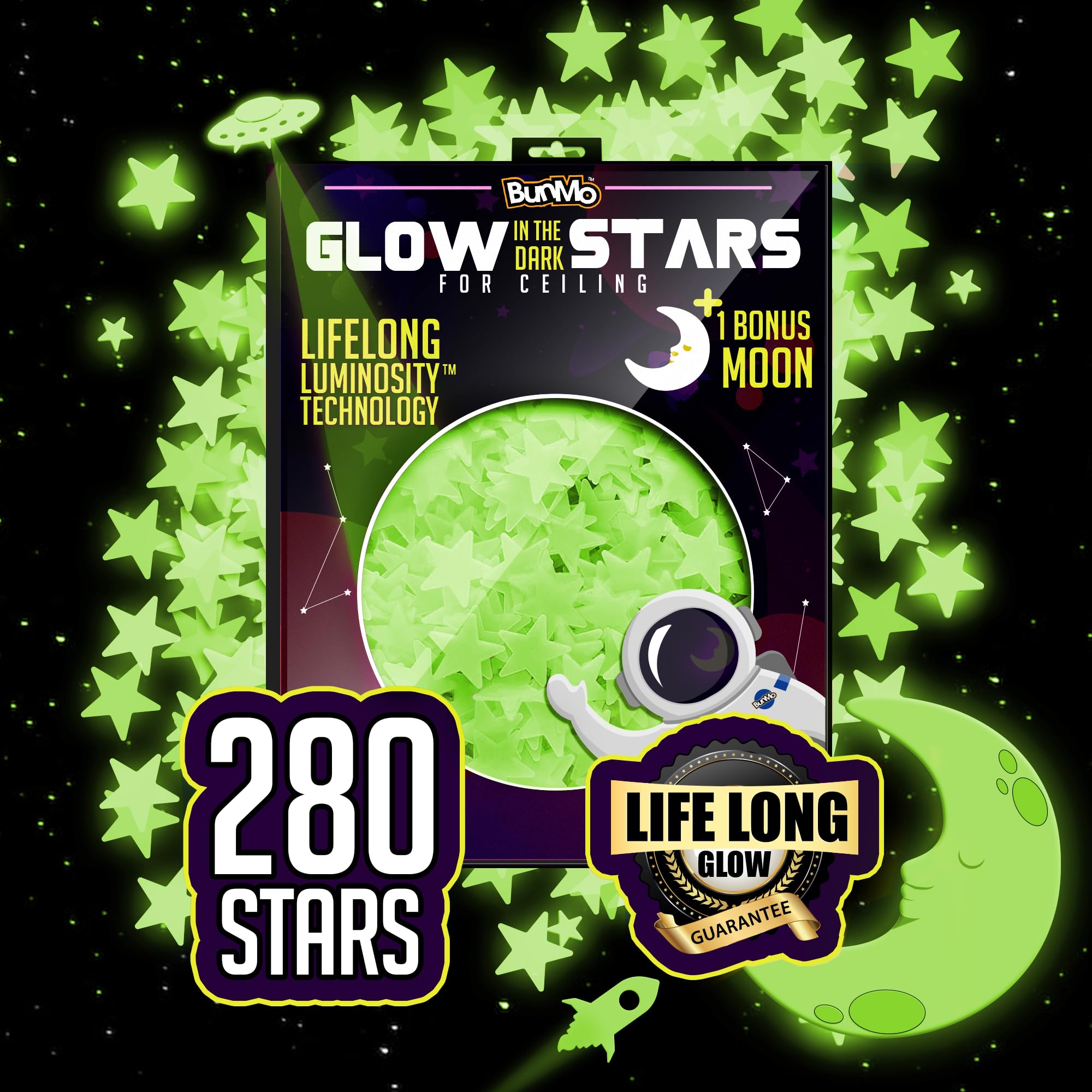BUNMO - Glow in the Dark Stars for Ceiling & Walls - 280 pk Ceiling Stars | 280-piece Long-Lasting Non-Toxic Galaxy Set Decor