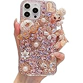 iFiLOVE for iPhone 13 Pro Max Bling Diamond Case, 3D Luxury Sparkle Glitter Crystal Rhinestone Butterfly Flower Pendant Charm Case Cover for Girls Women Kids (Pink)