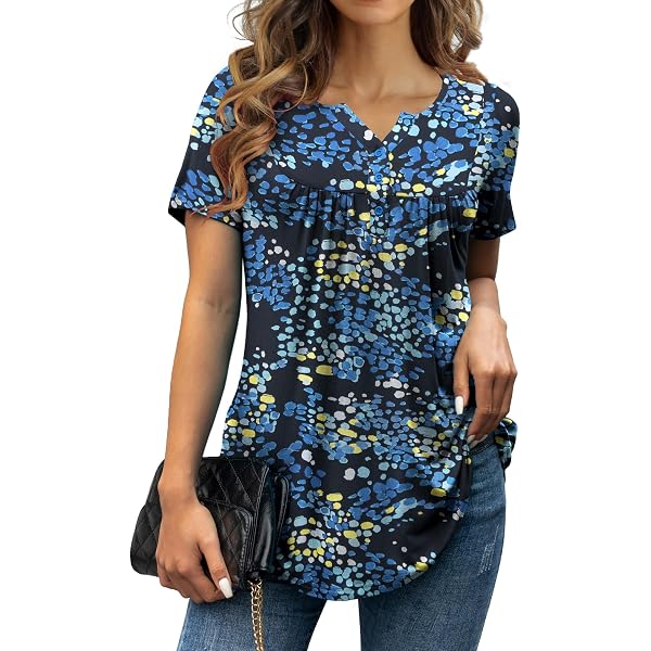 Halife Women's Casual Long Sleeve Henley Blouse - Loose Fit V-Neck Pleated Tunic Top, A-royal Blue