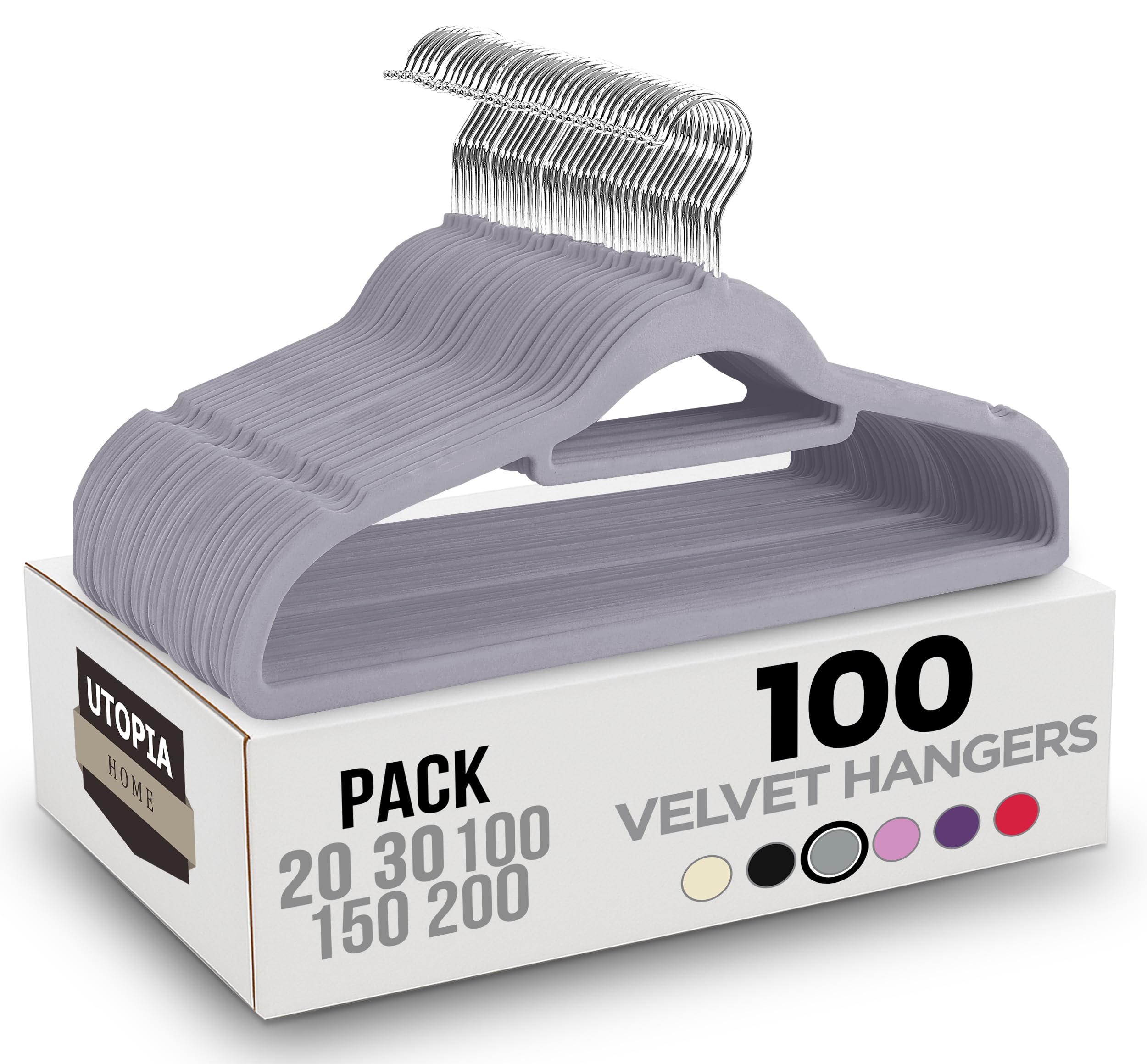 Utopia Home Premium Velvet Hangers 100 Pack - Non-Slip Clothes Hanger with Tie Bar - Grey Hangers with 360 Degree Rotatable Hook - Heavy Duty Coat Hanger