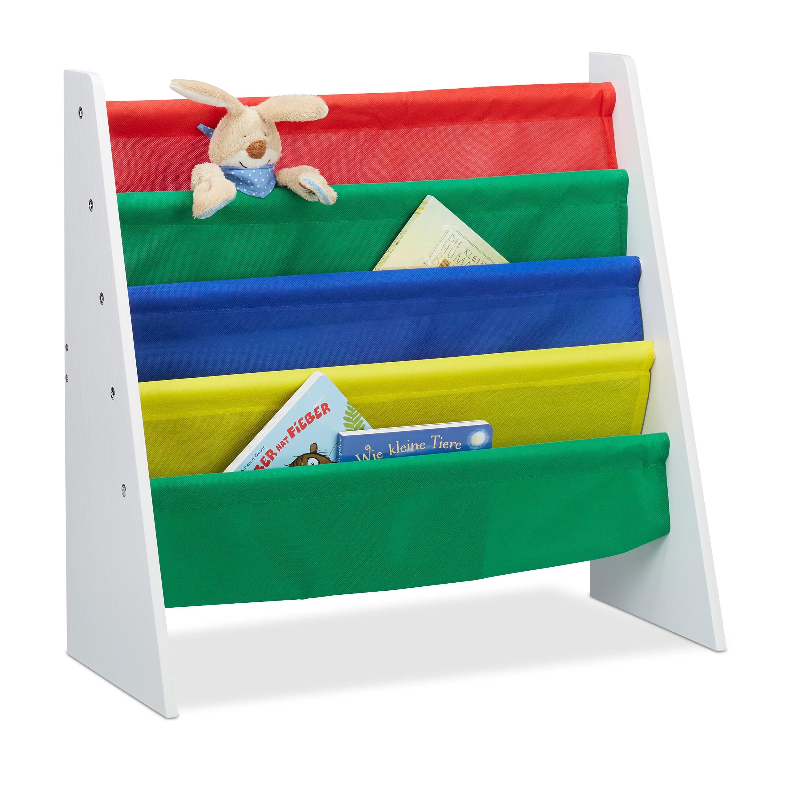 Relaxdays Colourful Bookcase for Children, Toy Storage Organiser Shelf, MDF+Polyester with 4 Fabric Covers
