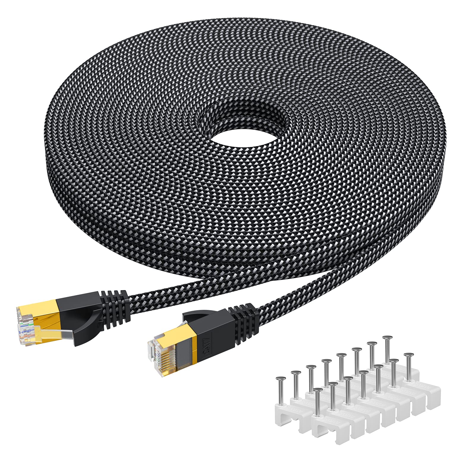 KINBETA Cat 7 Ethernet Cable 10m, High-Speed 10Gbp 600Mhz Gigabit Cat7 Internet Network Ethernet Cable Flat Braided Lan Rj45 Patch Cord Shielded With Clips for Xbox PS PC Laptop Router TV