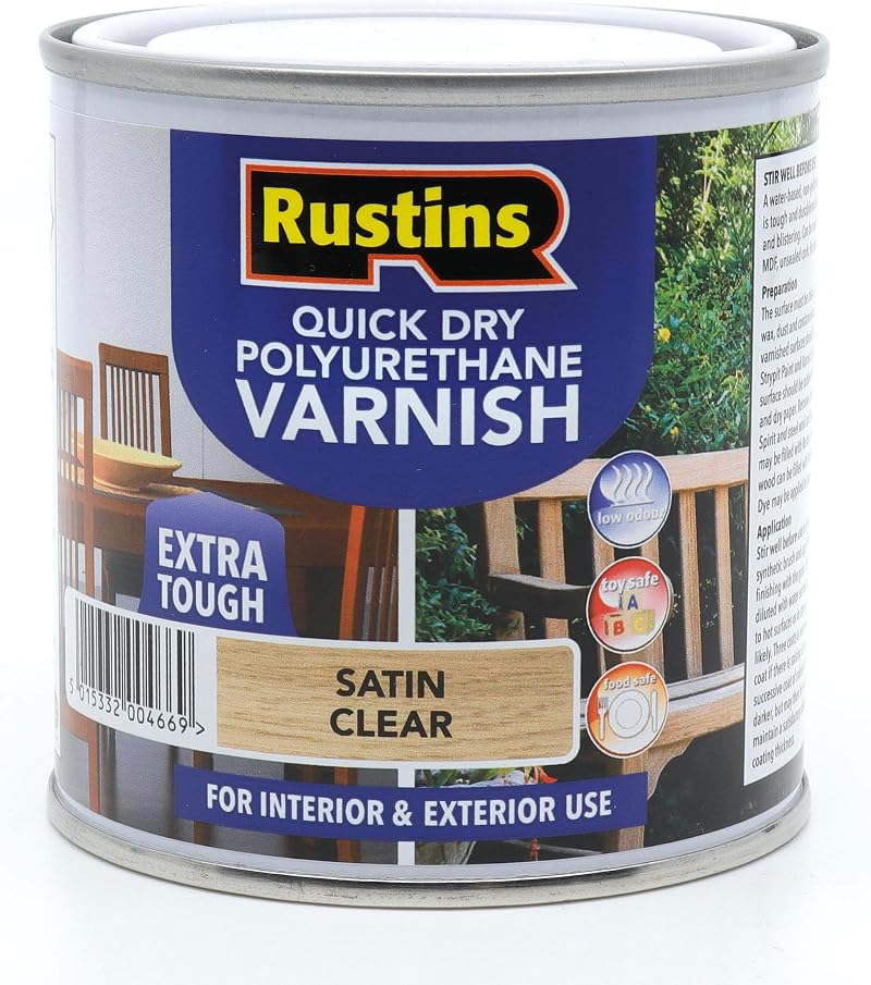 Rustins Quick Dry Poly Varnish Satin Clear 250ml Water-Based Wood Furniture
