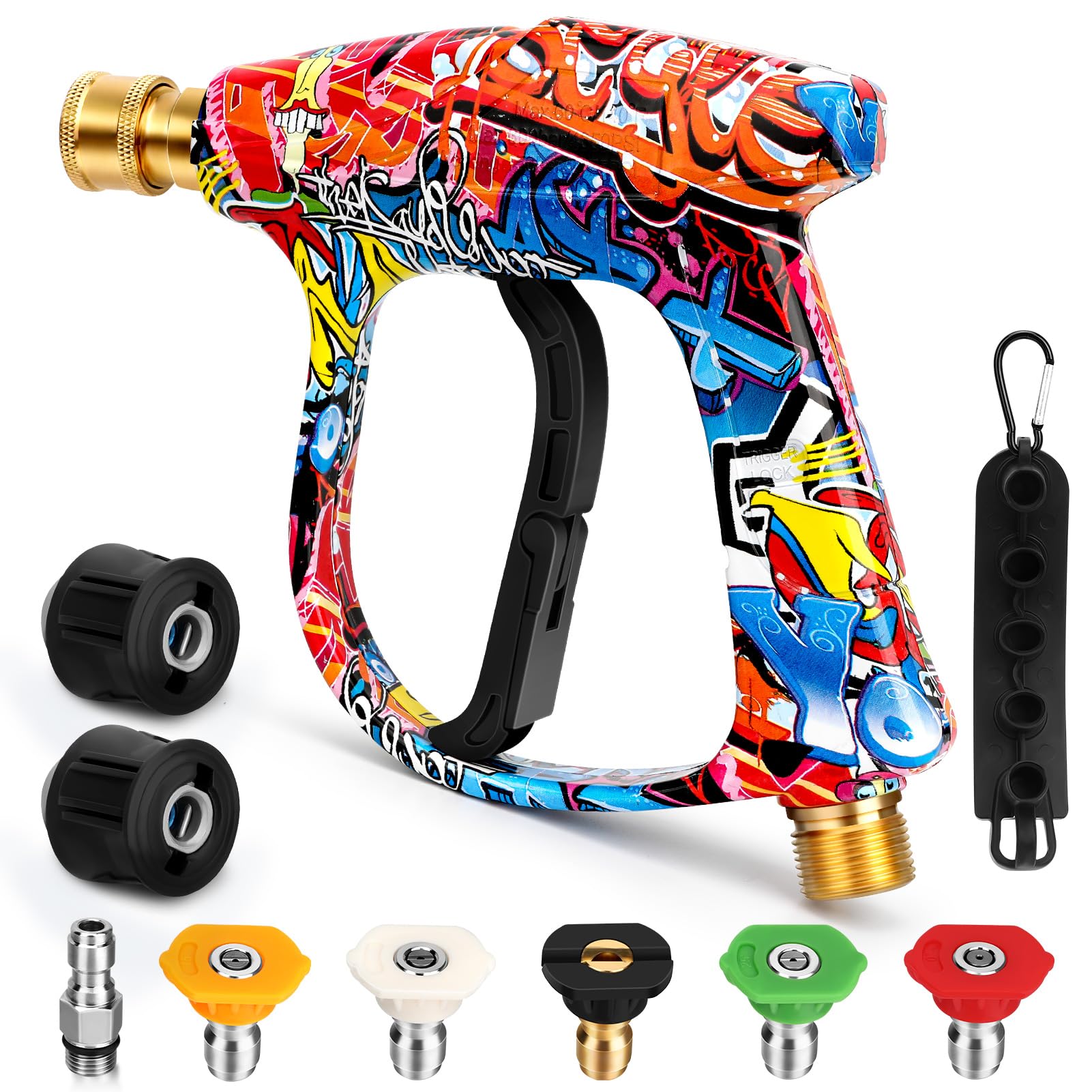 Short High Pressure Washer Gun with 5 Nozzles & 2 Hose Connectors, 4000PSI Cleaner Gun Car Wash Water Gun M22-14mm Water Inlet to 1/4" Connect, for Karcher K-series Quick Connect & Release Trigger Gun