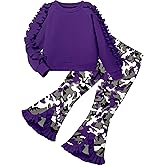 Doumlop Toddler Girl Clothes Camo Girls Outfits Ruffle Sleeve Tops + Bell Bottom Flared Pants 2 Piece Winter Sweatsuit 2-10T