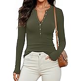 Prettywear Womens Long Sleeve Henley Shirts 2026 Spring Fashion Clothing Fitted Casual Basic Cute Tops Button V Neck T-Shirts