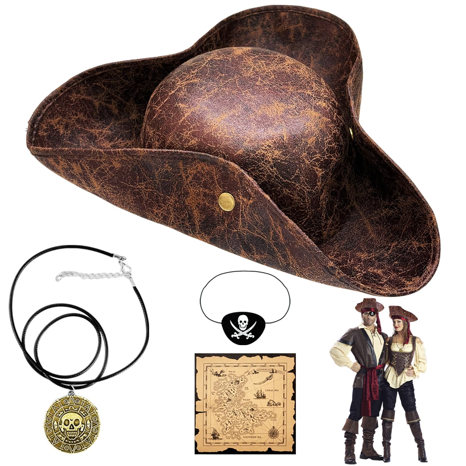 Photo 1 of Meirrnyyu 4Pcs Pirate Hat Costome Decoration Set With Eye Patch,Necklaces,Treasure Map,Tricorn Hat Novelty Leather Pirate Hat for Men,Women,Halloween,Costume,Accessories,Cosplay,Gifts
