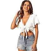 Allegra K Tie Front Knot Blouse for Women's Boho Flutter Sleeve Deep V Neck Sexy Crop Top