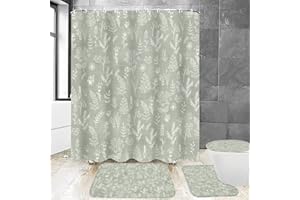 Chrainy 4Pcs Green Leaves Shower Curtain Set with Rugs Plants Floral Rustic Bathroom Decor Set Vintage Sage Bathroom Set with Shower Curtain and Rugs and Accessories 12 Hooks