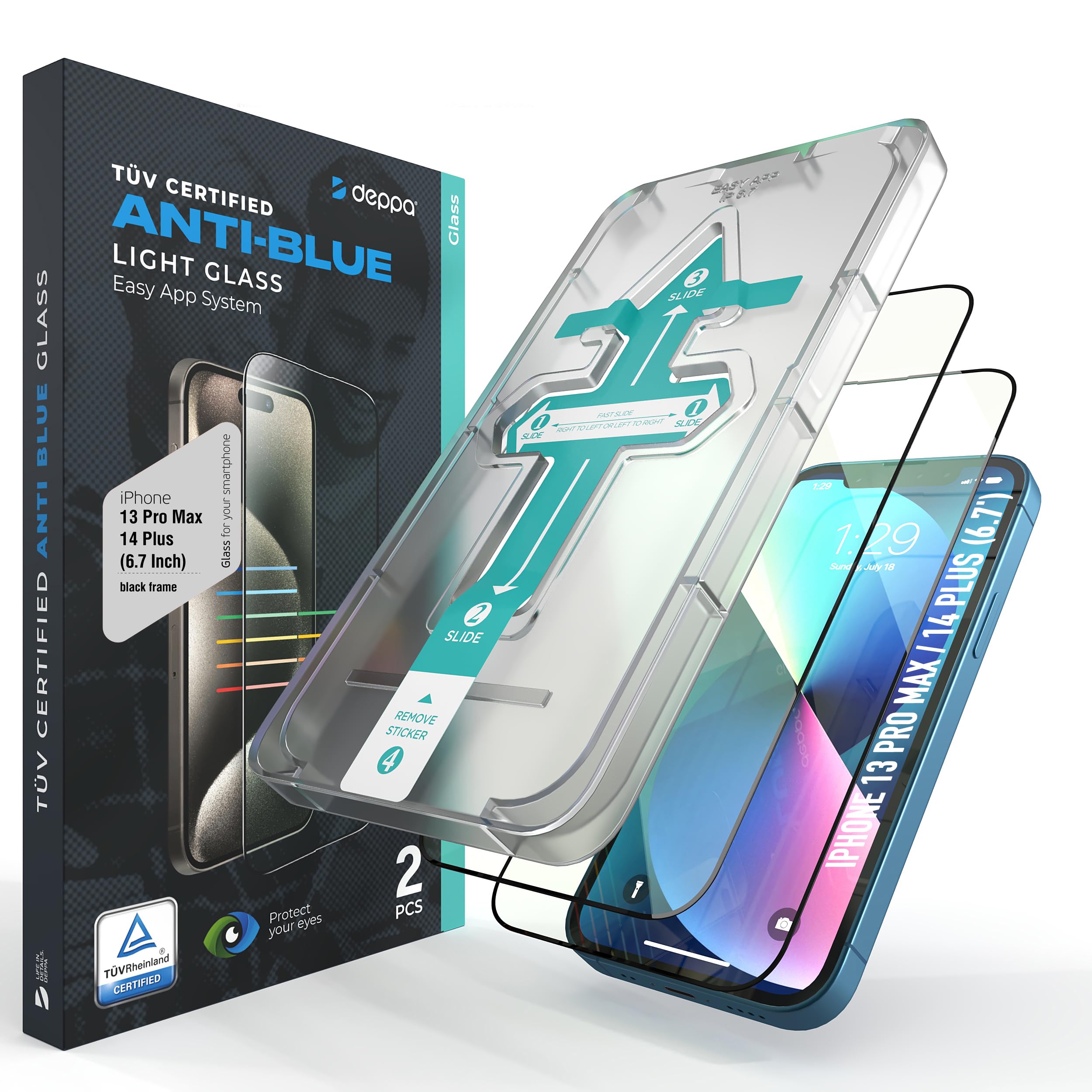 Deppa |2 Pack| Eye Safeguard Certified Anti-Blue Light Screen Protector for iPhone 13 Pro Max/14 Plus (6.7') Tempered Glass Edge to Edge Full Cover with Easy Installation Kit Tray