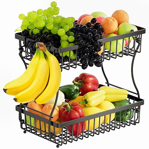 Nbwxcwbs Fruit Basket,2-Tier Fruit Bowl with Banana Hanger,Kitchen Storage Countertop Rack,Fruit Metal Bowls Perfect for Holding Fruit,Vegetables,Snacks(Black)