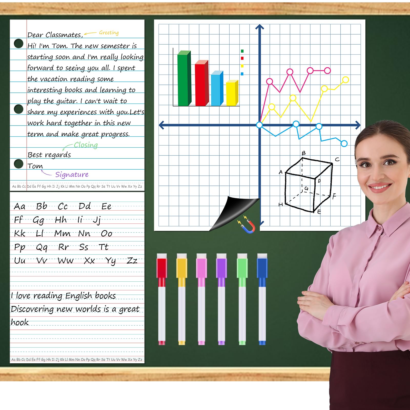 Photo 1 of Giant Magnetic Graph Grid XY Coordinate Paper for Whiteboard Dry Erase Magnetic Lined Notebook Handwriting Paper Magnets with 6 Writing Pen for Teacher Math Classroom Must Have
