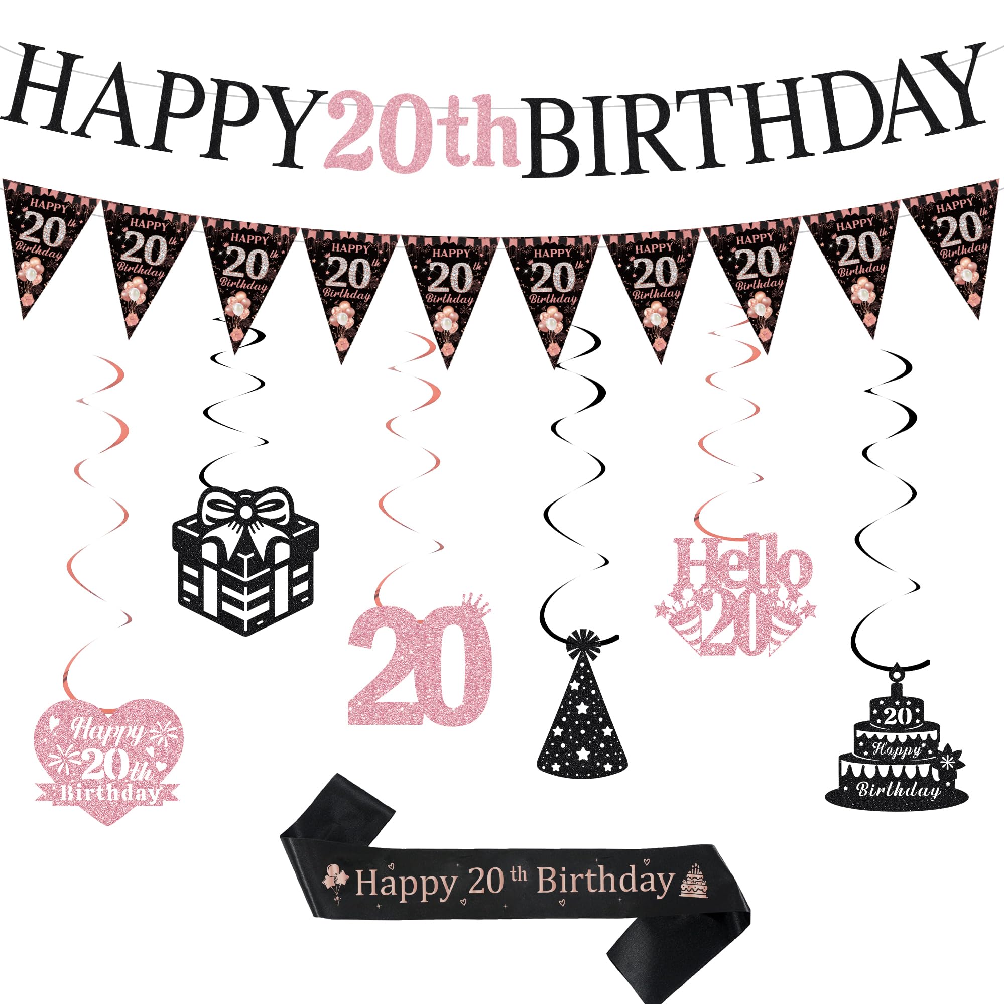 20th Birthday Decorations for Her- Black Rose Gold Happy 20th Birthday Banner Pennats Hanging Bunting Sash Kit, Twenty Party Decor fot 20 Years Old Girls Bday Celebration with Ribbon