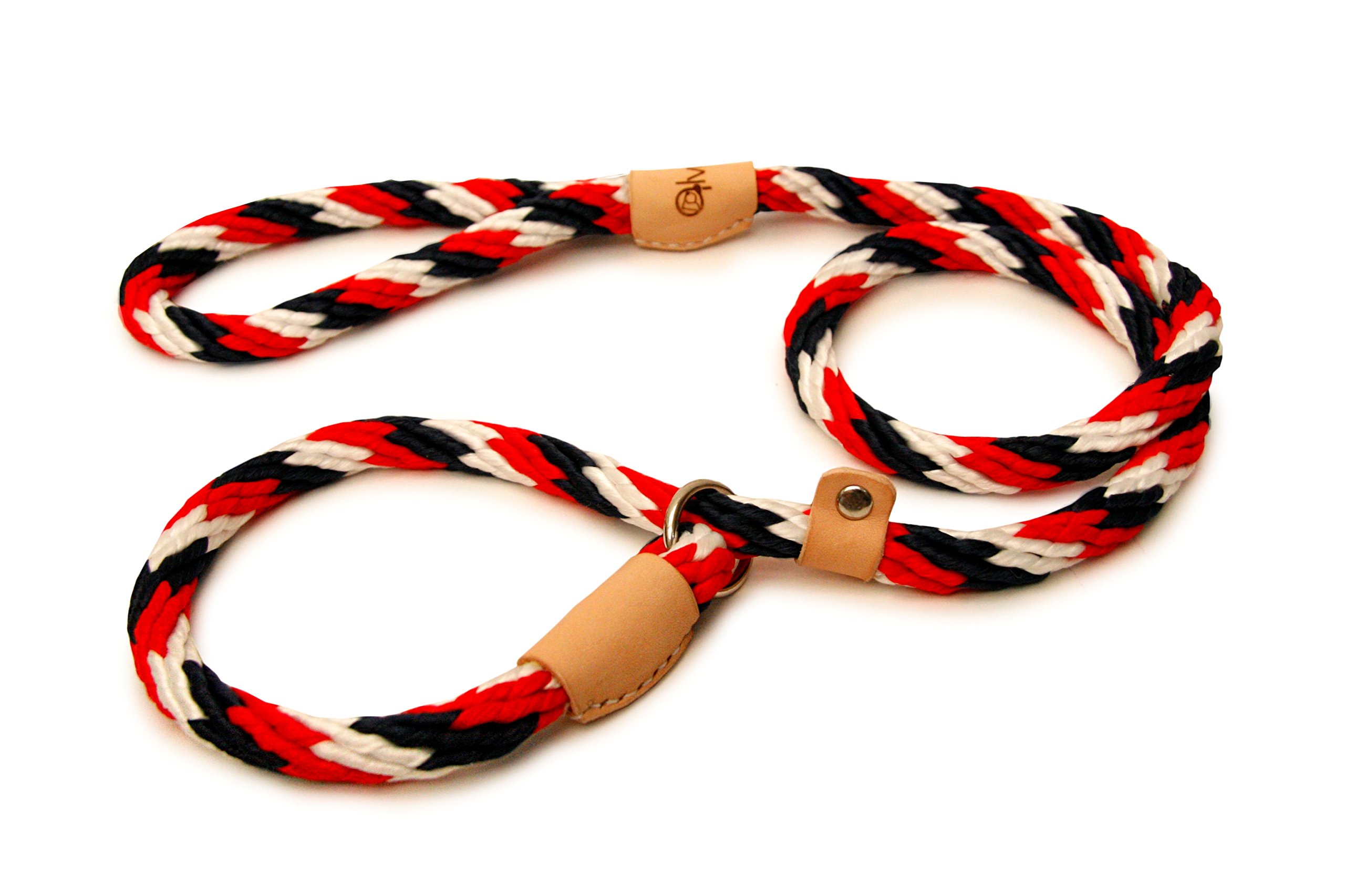 Alvalley Red, White and Dark Blue Sport Slip Lead with Leather Stop for Dogs Made of Strong Multifilament Polypropylene Rope (13mm X 123cm or 1/2in X 4ft)