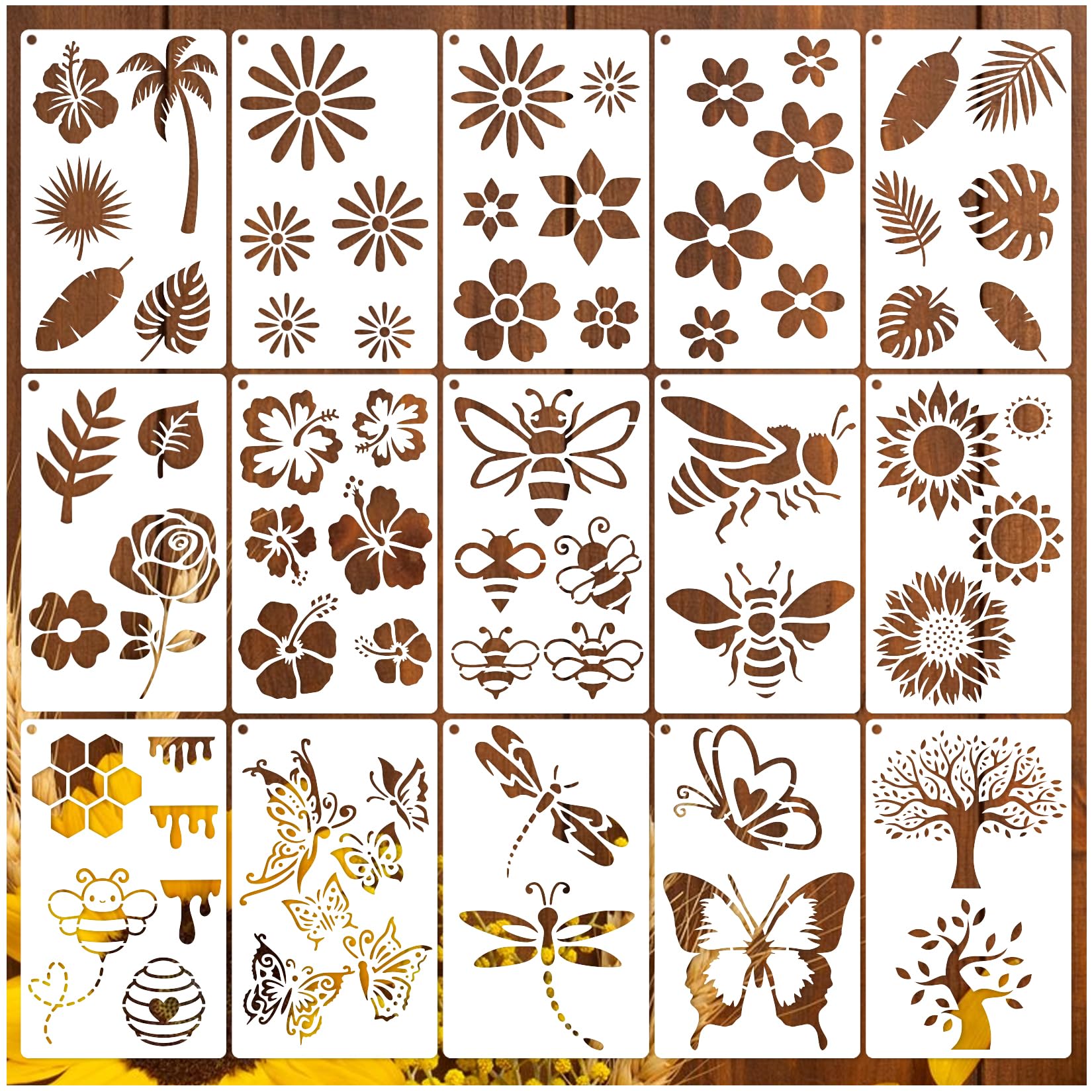 Nature Flower Stencils for Painting on Wood Crafts Reusable Plant Sunflower Leaf Butterfly Stencil Art Paint on Wall Canvas Pattern Paint Stencils for Card Making Fabric Shirt (15 Sping)