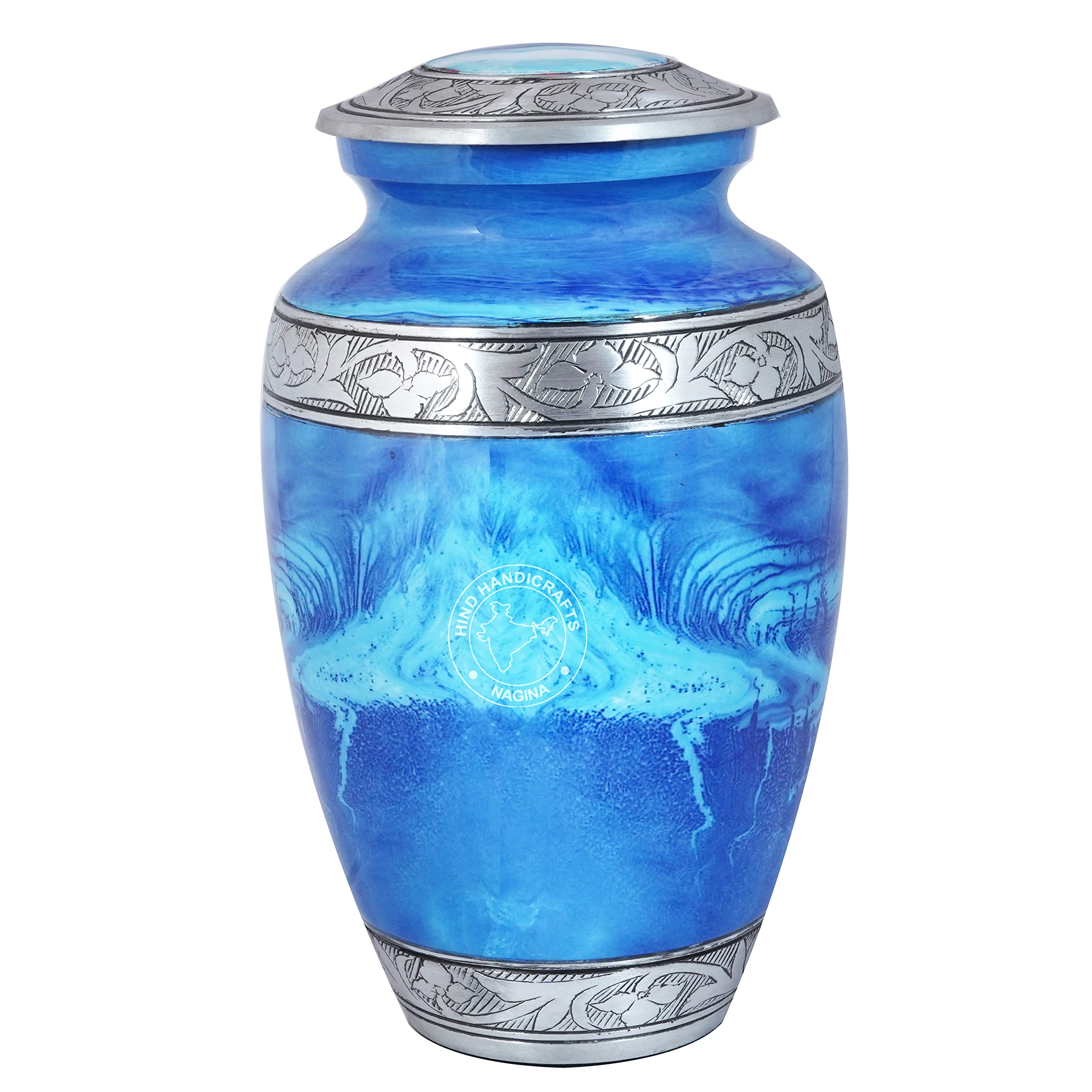 Floral Silver Engraved Cremation Urn for Human Ashes Adult - Handcrafted Funeral Memorial Ashes Urn - Large Columbarium Urn - Bag Included (Sea Blue)