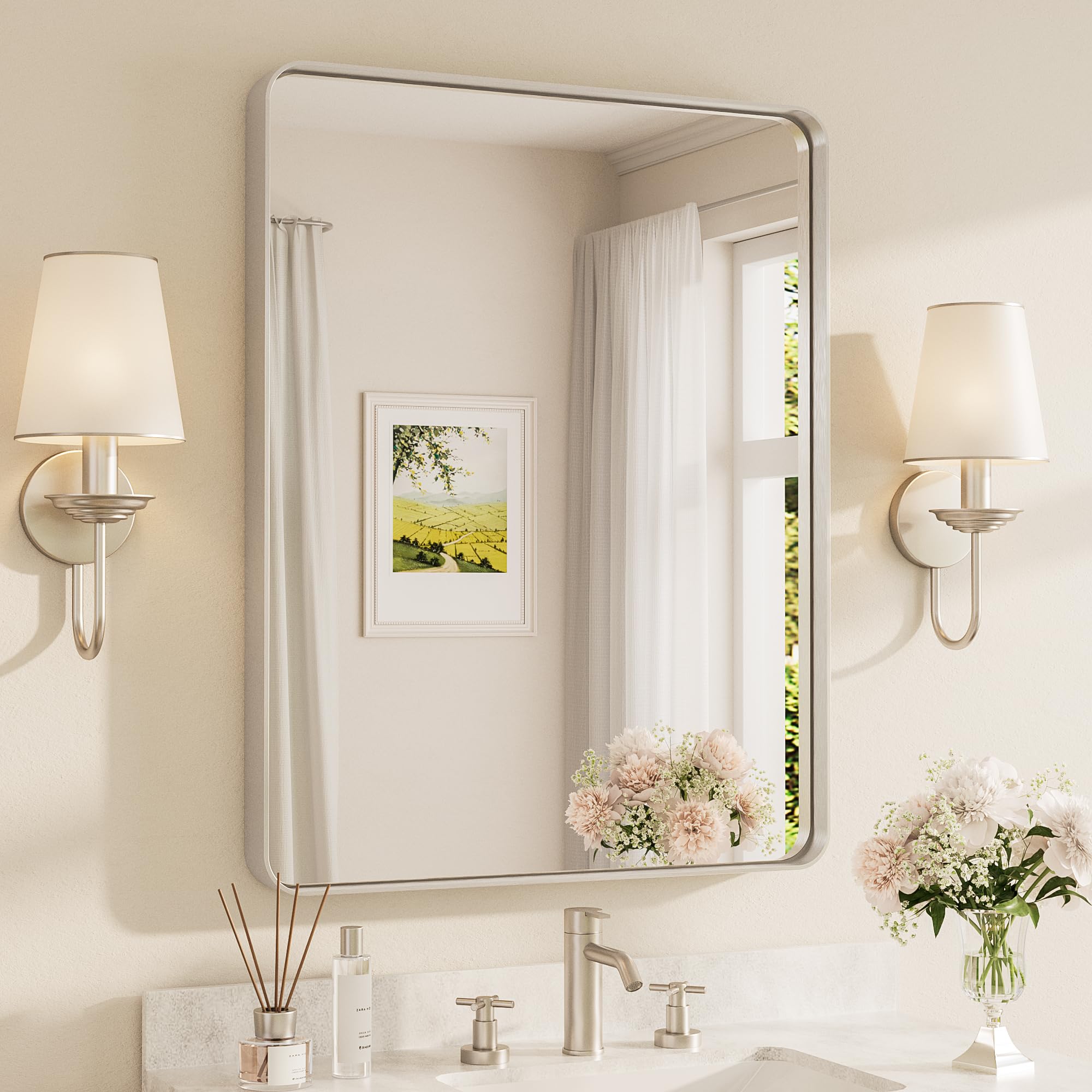 TETOTE Brushed Nickel Mirror 28 x 36 Inch for Bathroom Over Sink Metal Framed Mirror Modern Farmhouse for Living Room Entryway(Horizontal/Vertical) Image