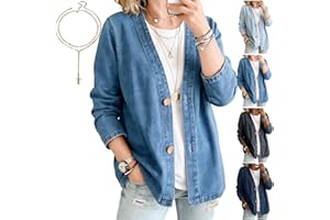 Dubnat Women's Classic Button Front Denim Jacket, Lightweight V-Neck Jean Jackets Breathable Fabric & Relaxed Fit