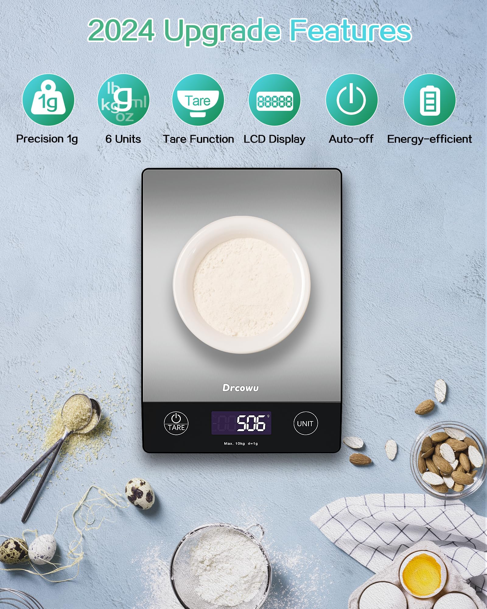 Drcowu Küchenwaage Digitale 10 kg, Waage küche Digital mit LCD-Anzeige, Multifunktions-Lebensmittelwaage, Hohe Präzision auf bis zu 1g, Tara-Funktion, 6 Einheiten, zum Kochen Backen 3