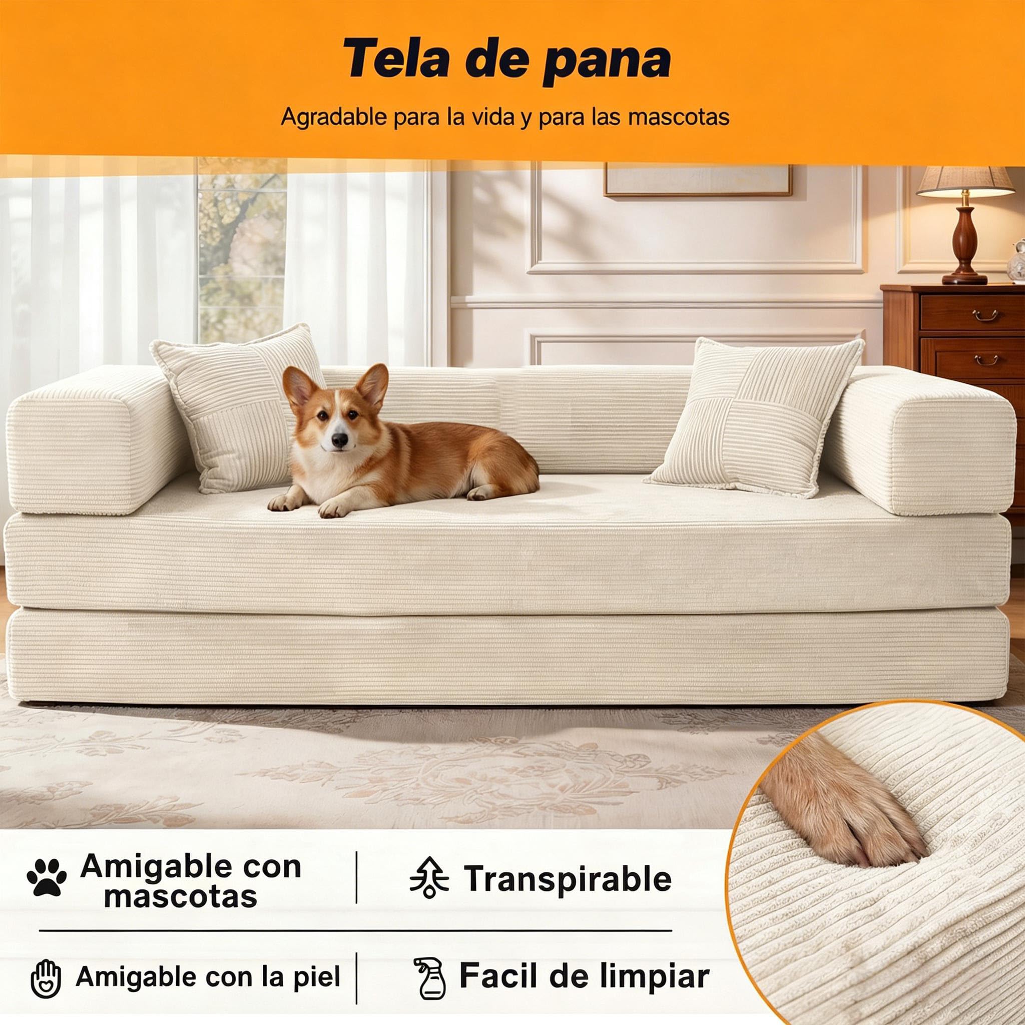 200cm Sofá Cama 3 Plazas con Espuma & Muelles para Salón,Blanco
