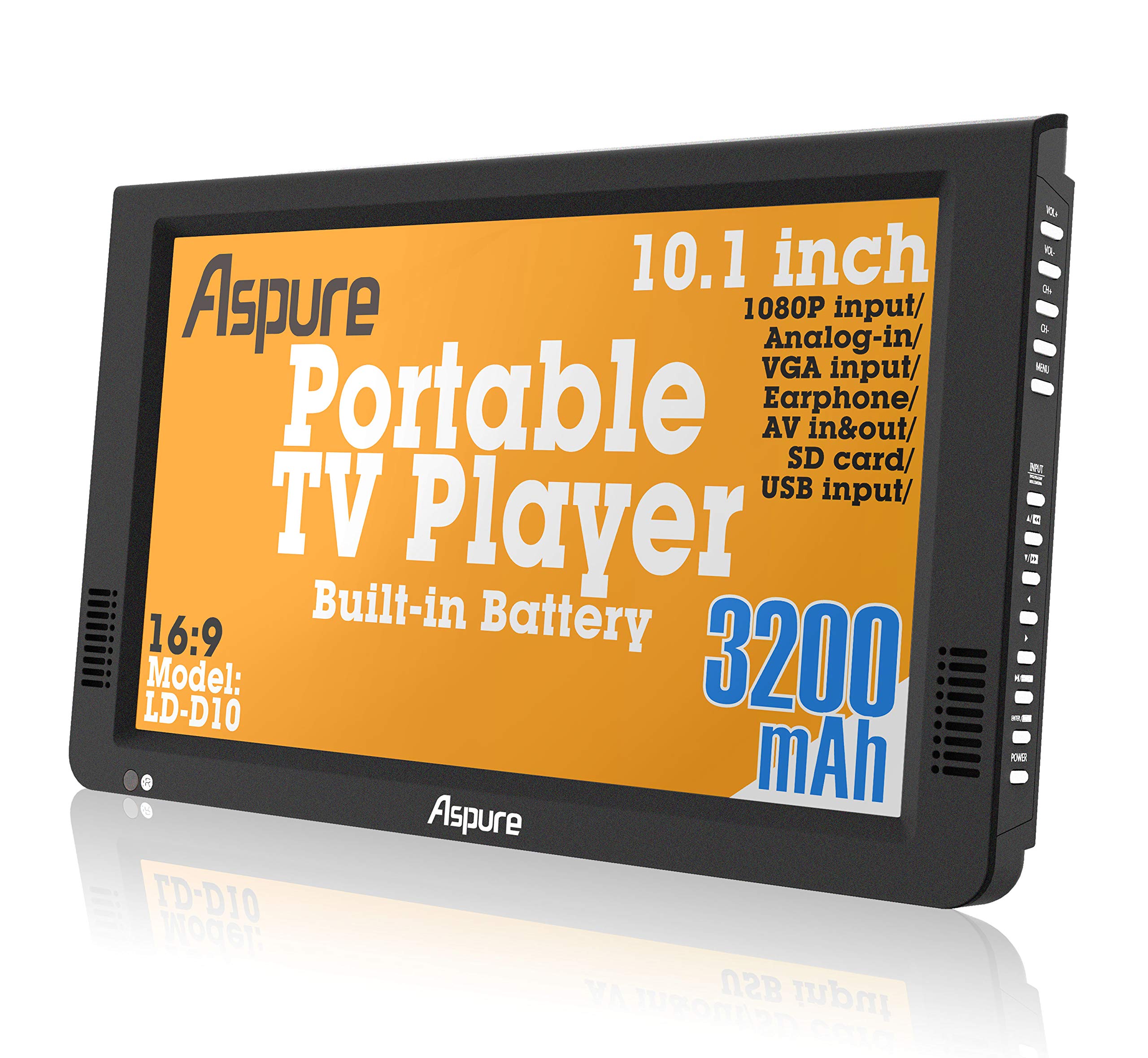 10 Inch Portable Digital DVB-T2 TFT HD Screen Freeview LED TV for Car,Caravan,Camping,Outdoor,Kitchen.Built-in 3200mAh Battery Television/Monitor with Multimedia Player FM function, ASPURE