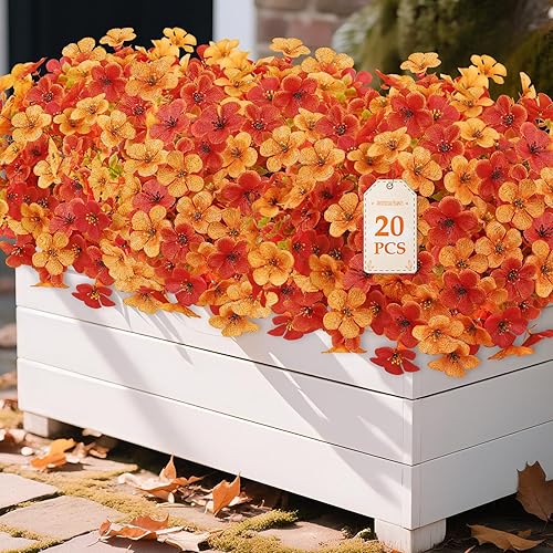 Alupssuc 20 Bundles Autumn Artificial Flowers Outdoor Decorations, UV Resistant Larger Flower Fall Fake Plants for Outdoor Indoor Hanging Baskets Garden Yard Porch Home Decor, Orange Yellow