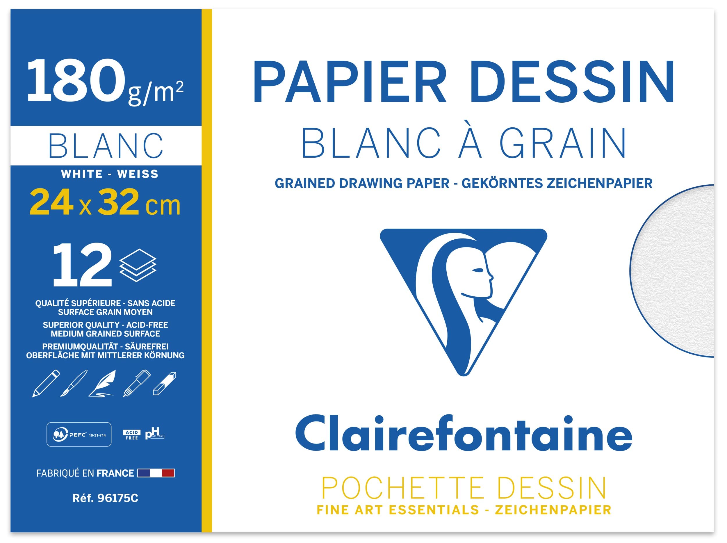 Clairefontaine 96175C - One School Drawing Folder - 12 Sheets of White Grain Drawing Paper - Dimensions: 24x32 cm 180g - Ideal for Art - Pack of 10 Folders
