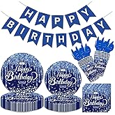 141Pcs Navy Blue and Silver Birthday Party Tableware Set Inculde Plates Napkins Knives Forks Spoons Cups and Banner Blue and Silver Birthday Party Decorations Supplies Serve 20
