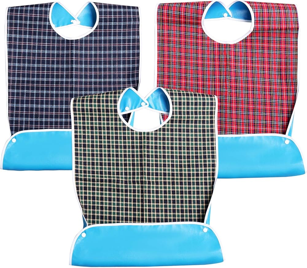 kuou Adult Bibs 3 Pack Red Green Blue Washable Elderly Dining Bibs