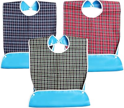 kuou Adult Bibs 3 Pack Red Green Blue Washable Elderly Dining Bibs