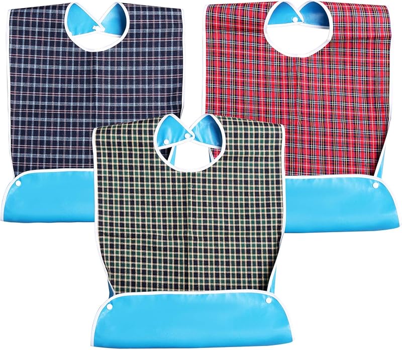 kuou Adult Bibs 3 Pack Red Green Blue Washable Elderly Dining Bibs
