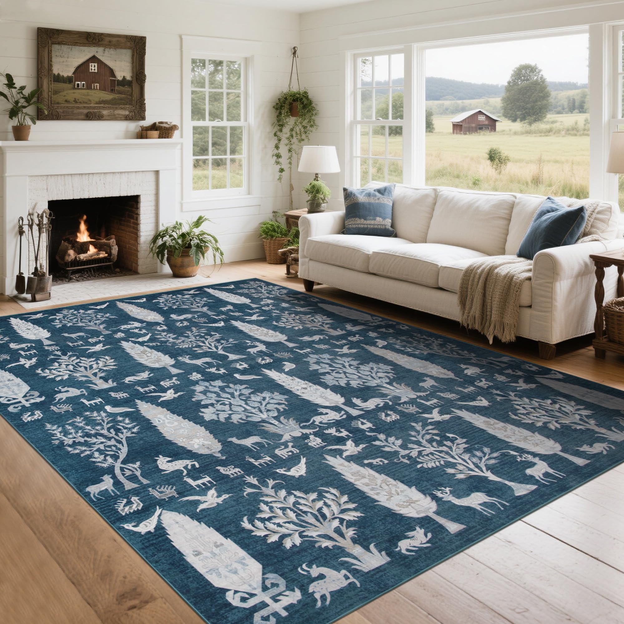Srugn Washable Rugs 8x10 Area Rugs for Living Room,Bedroom,Dining Room- Large Ultra Soft Faux Wool Retro Carpet,Non Slip&Non-Shedding Low Pile Vintage Print Rug for Home Office Dorm Playroom-Blue Image